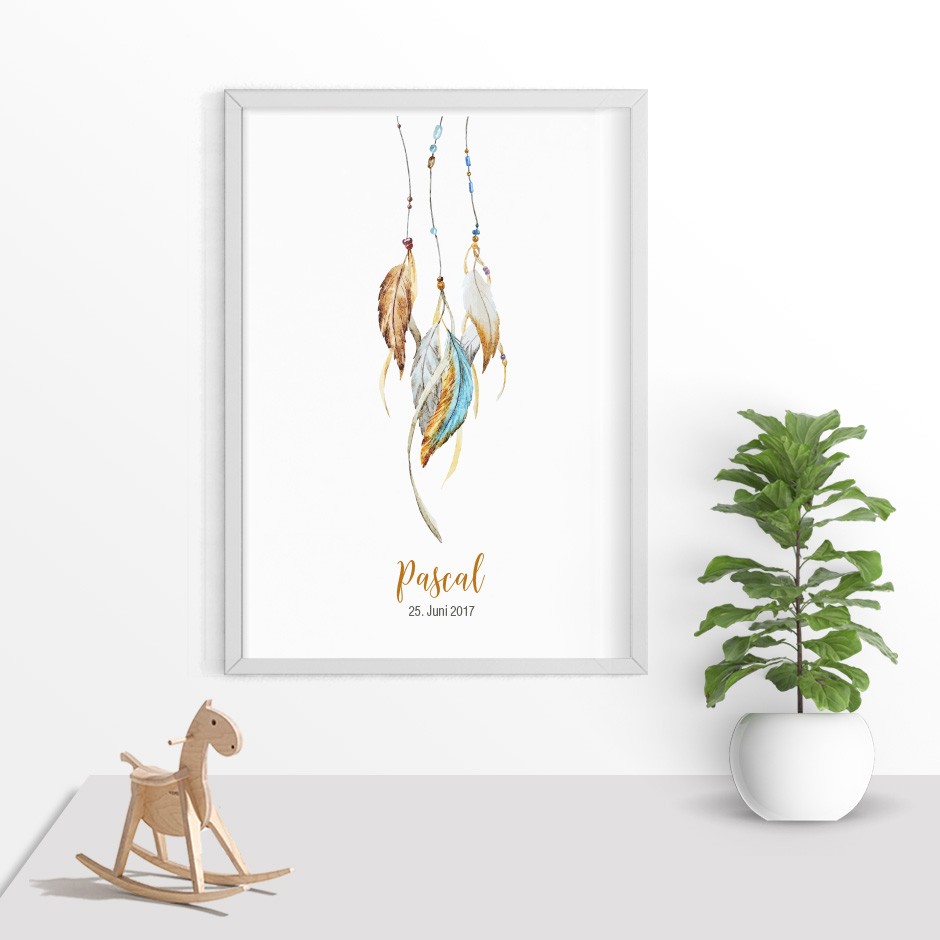 Taufkerze Boho Federn Braun