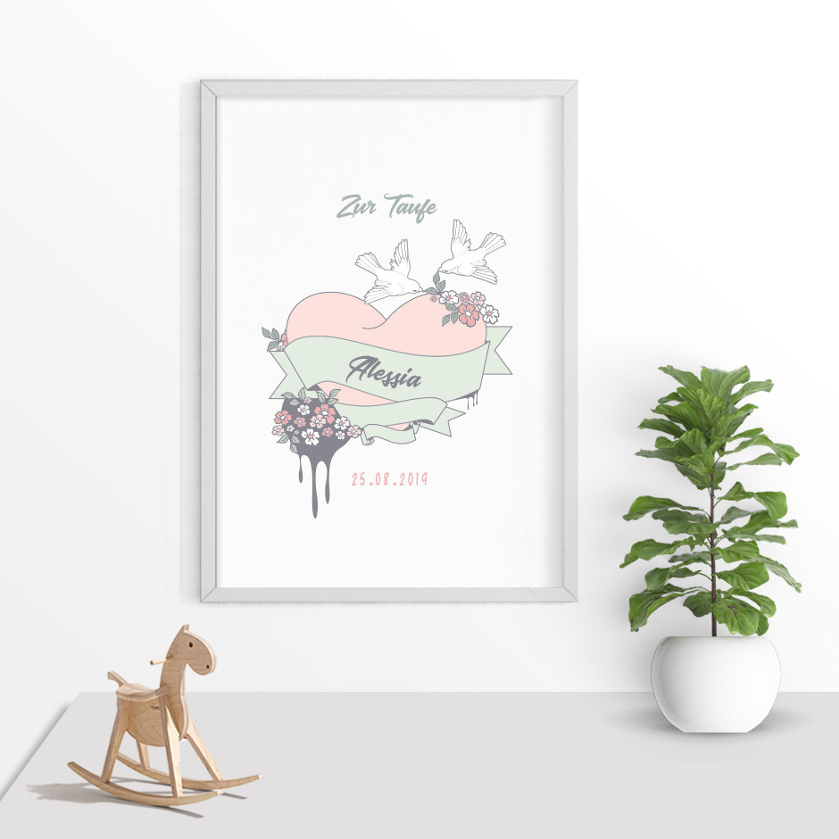 Taufkerze Herz & Tauben